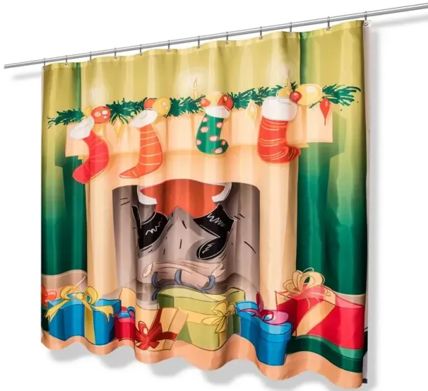 Carnation Home Fashions Festive Fireplace Christmas Fabric Shower Curtain - 70x72", Multi