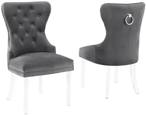 Velvet Tufted Side Chair Set of 2, Acrylic Legs, Dark grey
