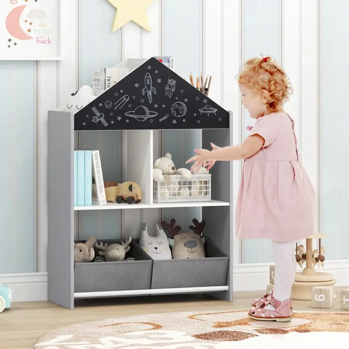 Playhouse Kids Bookshelf with Chalkboard and Whiteboard for 3-6 Years