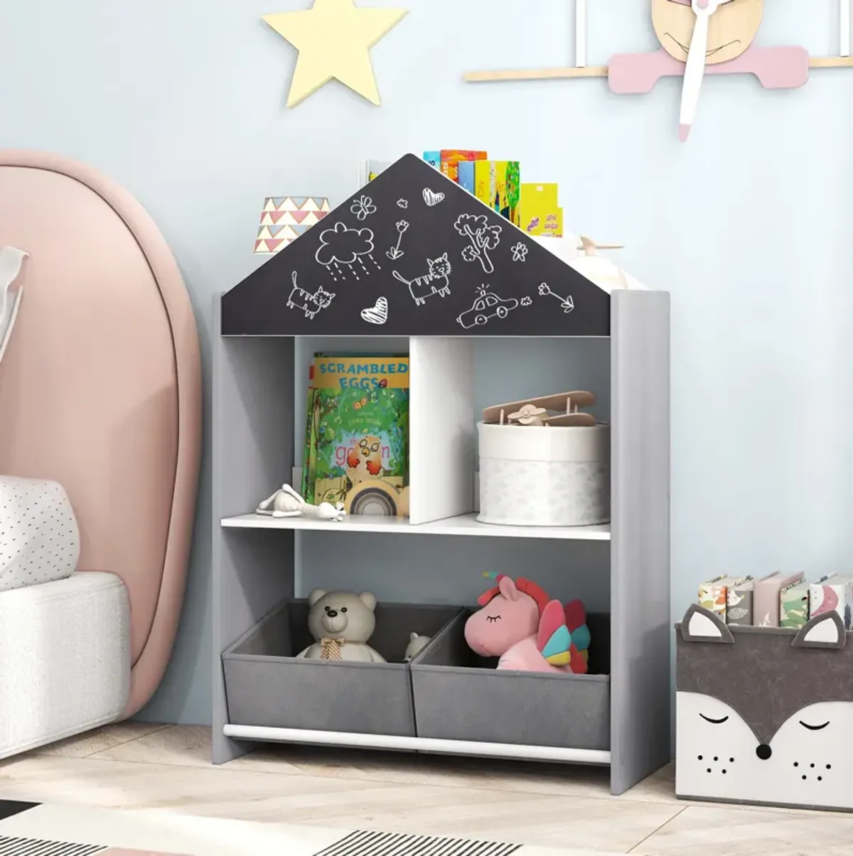 Playhouse Kids Bookshelf with Chalkboard and Whiteboard for 3-6 Years