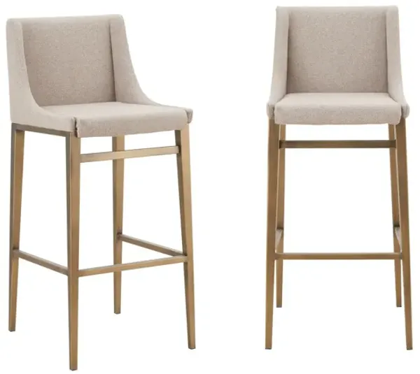 Cid Kenn 31 Inch Bar Stool, Set of 2, Beige Fabric, Brass Finished Legs-Benzara