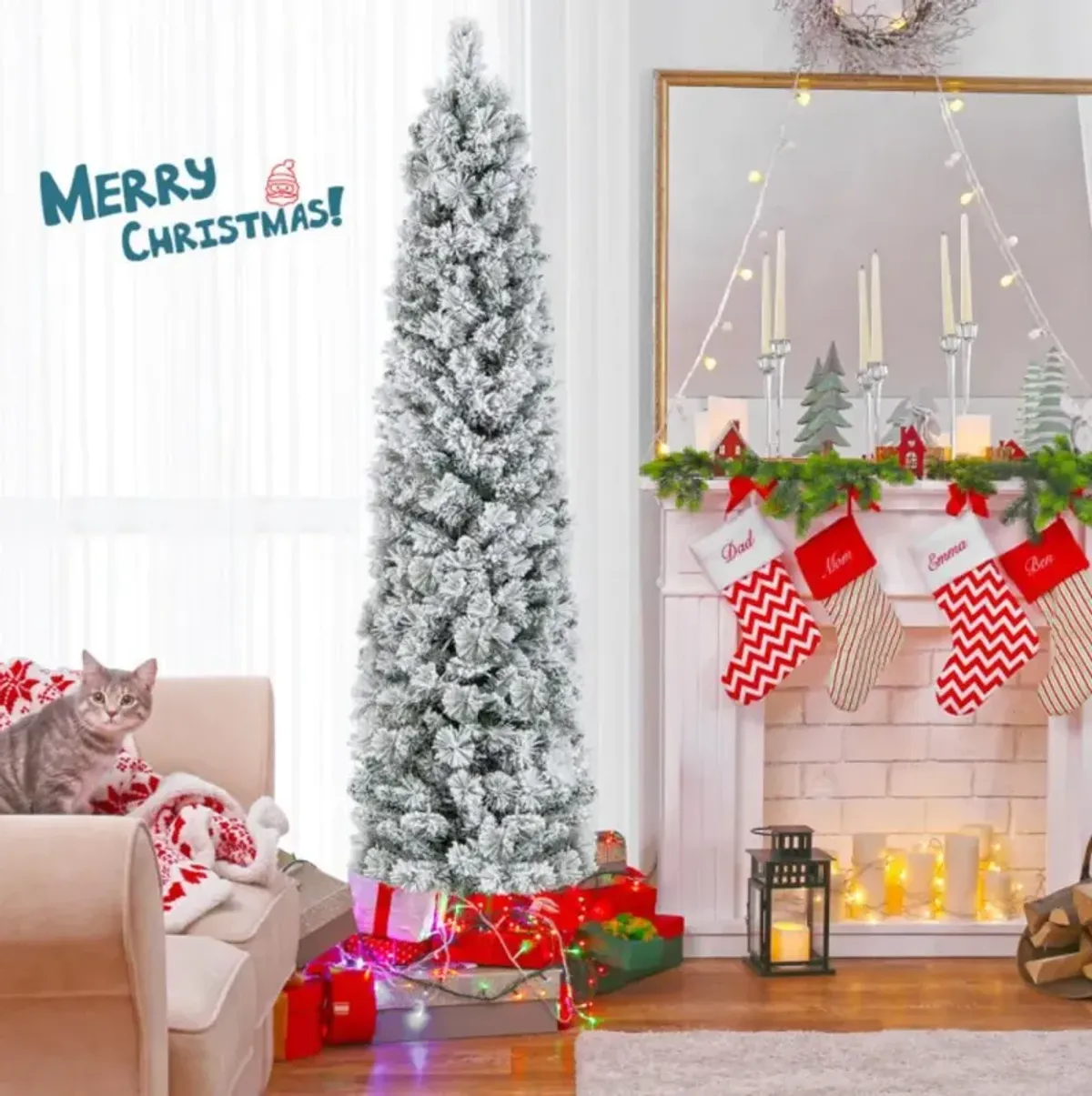 Christmas Tree with 258 Branch Tips and 100 Incandescent Lights-Flocked and Slim