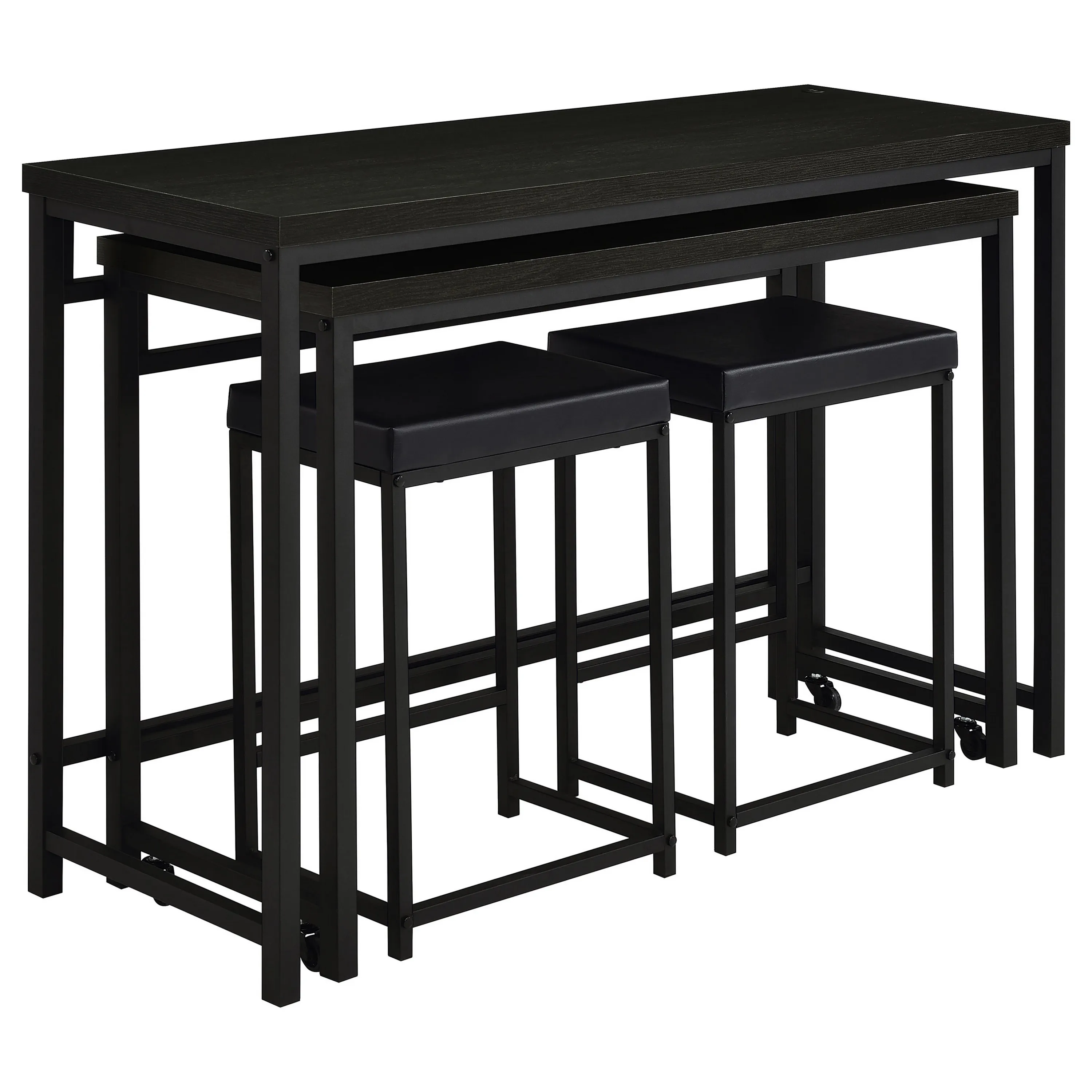 Havel 4pc Dual Counter Table Set with 2 Stools, USB, Black Faux Leather - Benzara