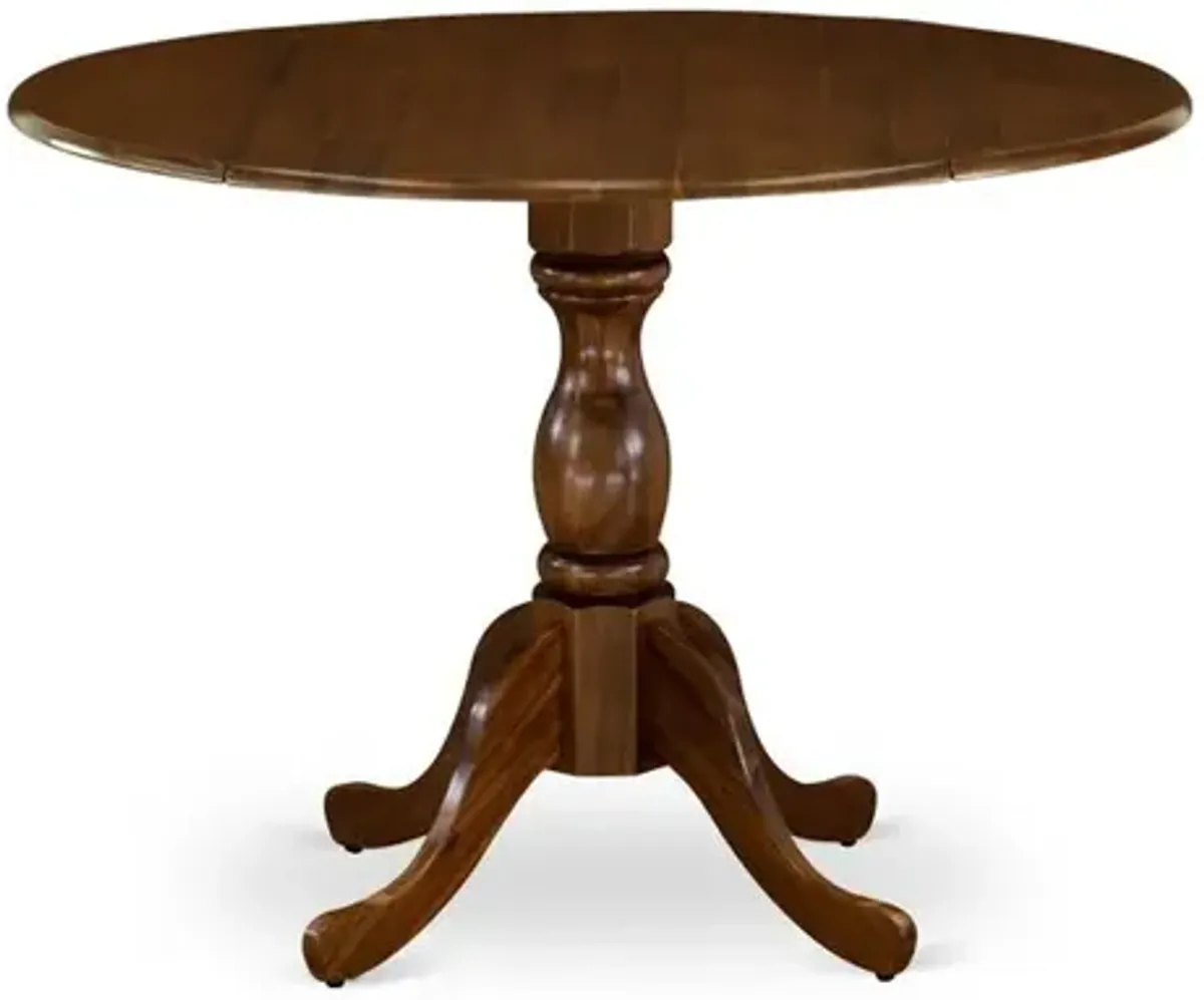 East West Furniture DMT-AWA-TP Round Mid Century Table Acacia Walnut Color Table Top Surface and Asian Wood Drops Leave Small Table Pedestal Legs -Acacia Walnut Finish