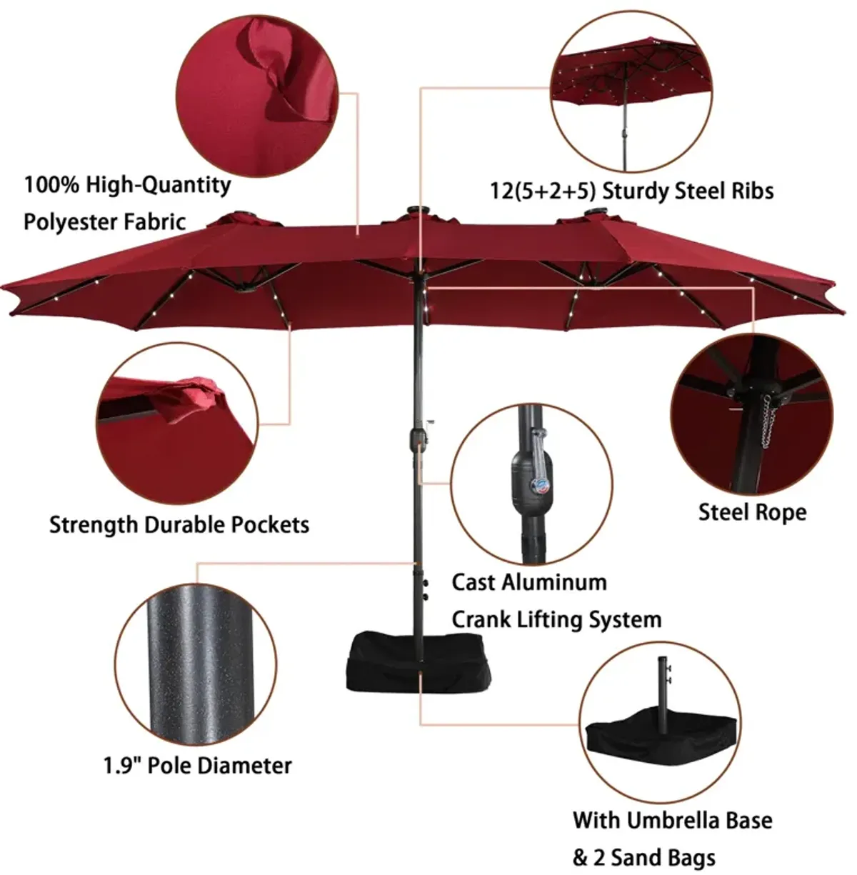 MONDAWE 15ft Rectangular Double-Sided Solar LED Outdoor Patio Market Umbrella with Base Included