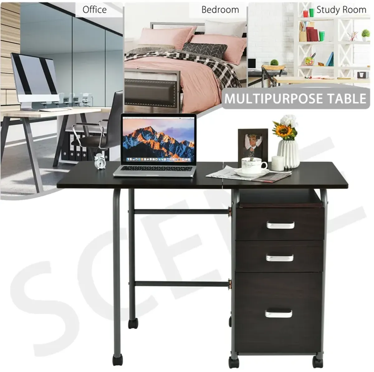 Costway Folding Computer Laptop Desk Wheeled Home Office Furniture w/3 Drawers Brown