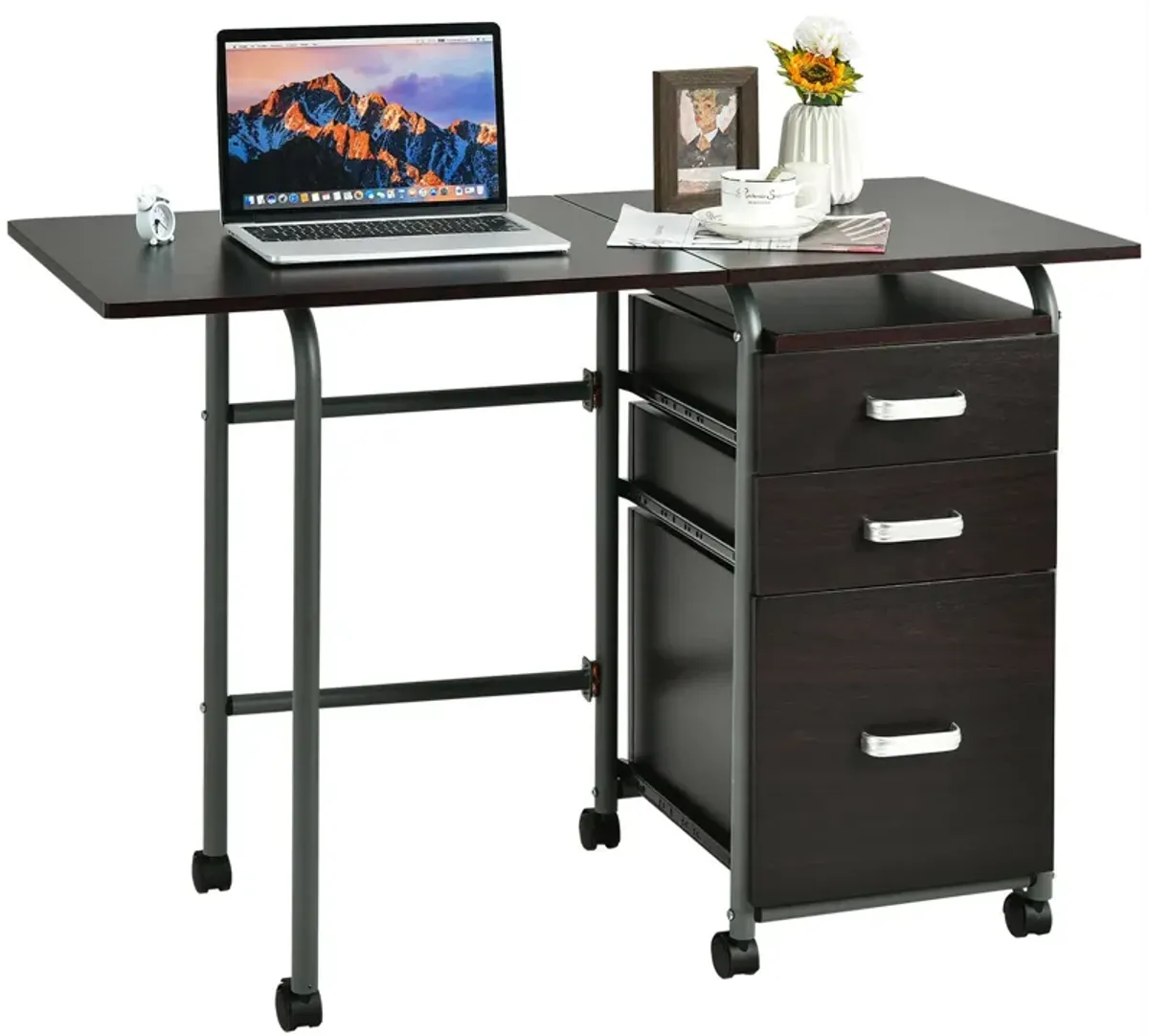 Costway Folding Computer Laptop Desk Wheeled Home Office Furniture w/3 Drawers Brown