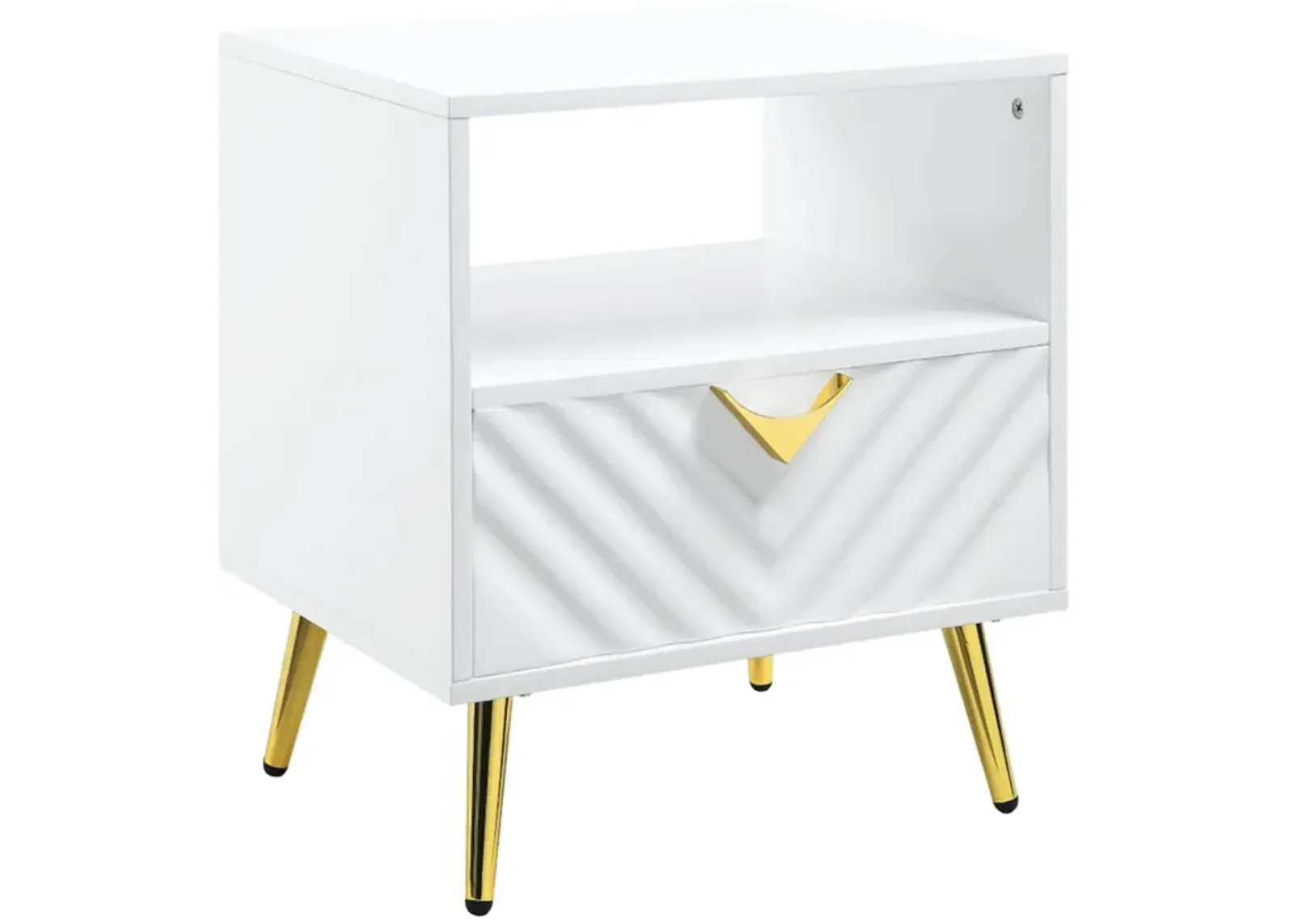 Tyra 22 Inch Wood End Table with Open Space, Wave Pattern, White, Gold-Benzara