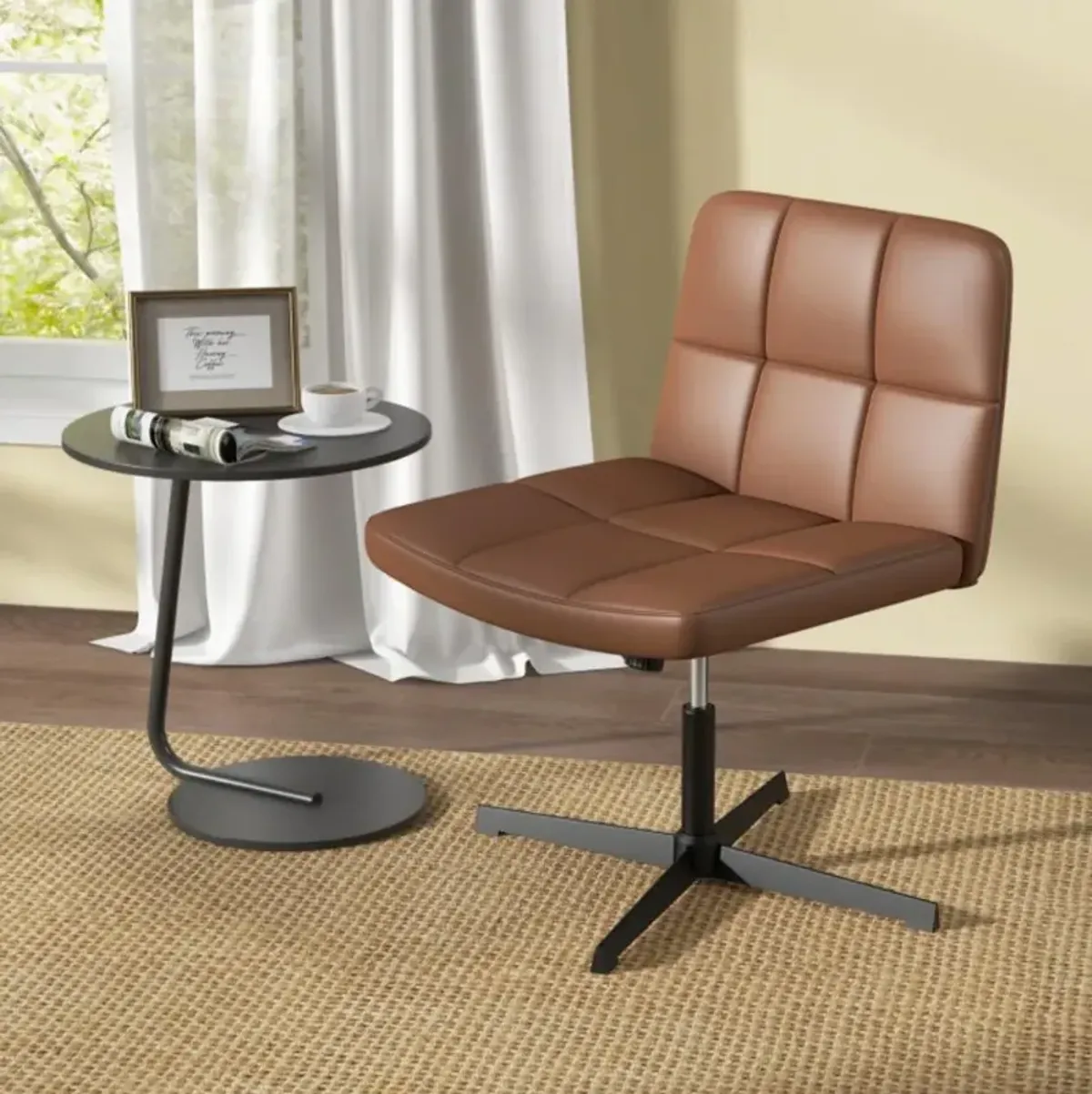 PU Leather Cross-Legged Office Chair with Oversized U-Shaped Seat for Home Office or Vanity