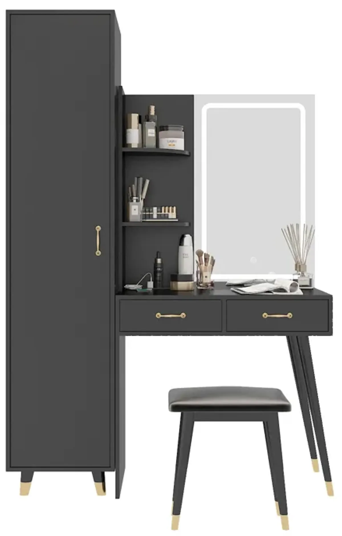 Makeup Vanity Table and Slim Armoire Wardrobe Set – Space-Saving Bedroom Storage and Dressing Combo