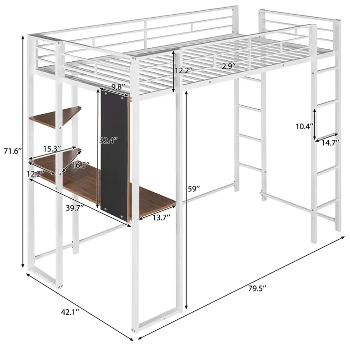 Twin Metal Loft Bed With 2 Shelves And One Desk