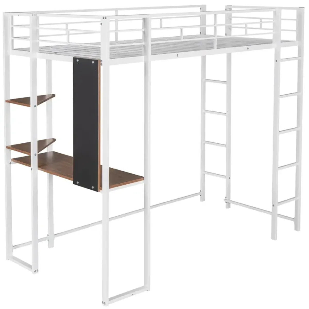 Twin Metal Loft Bed With 2 Shelves And One Desk