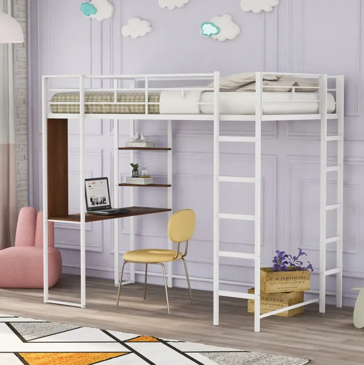 Twin Metal Loft Bed With 2 Shelves And One Desk