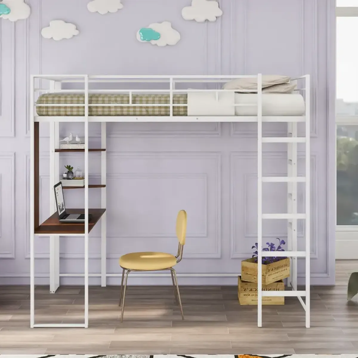 Twin Metal Loft Bed With 2 Shelves And One Desk