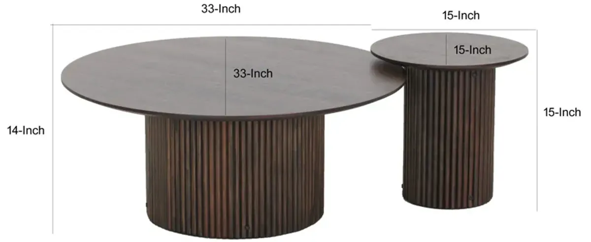 2 Piece Coffee Table and End Table Set, Round Top, Pedestal Base, Black - Benzara