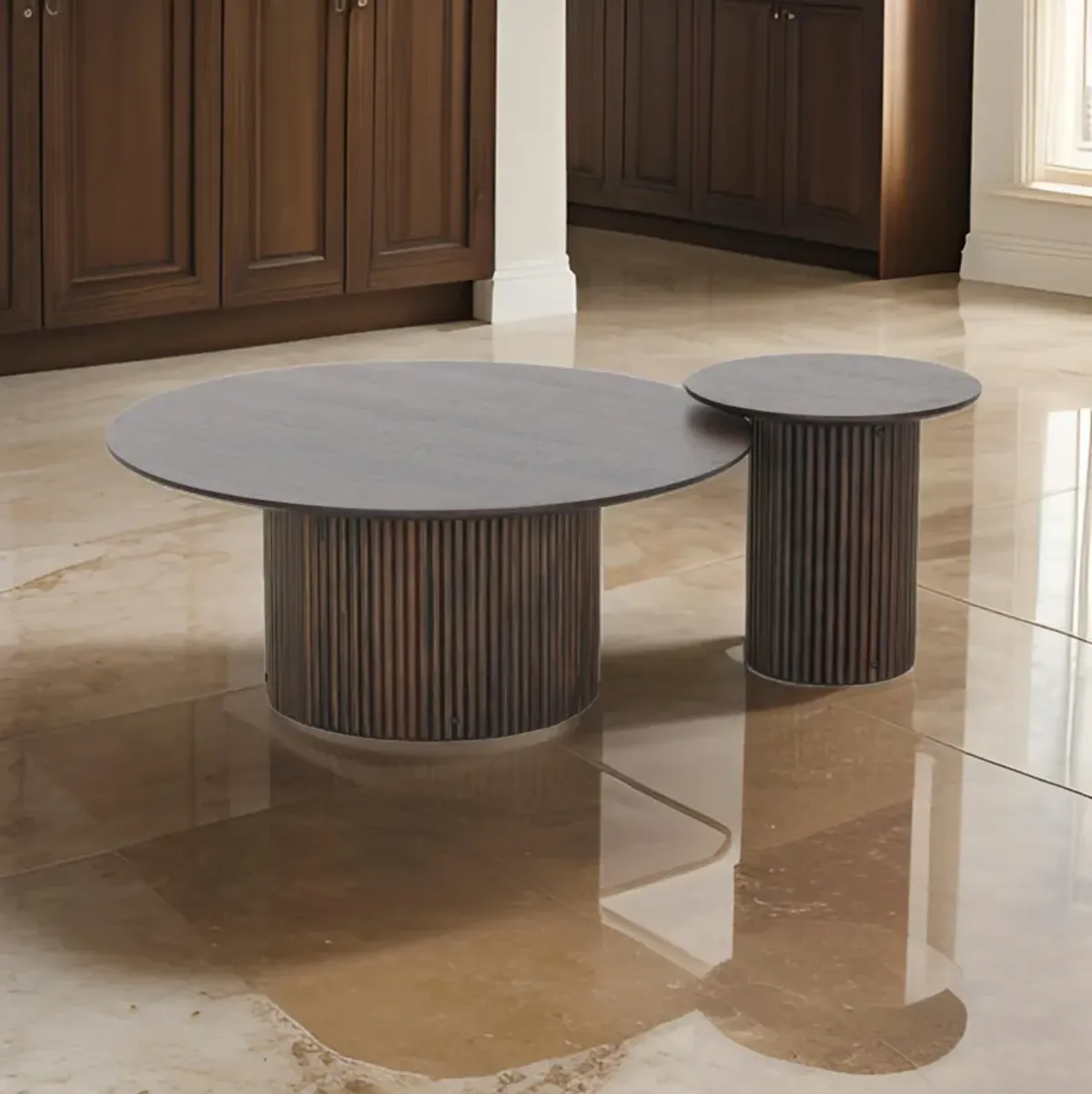 2 Piece Coffee Table and End Table Set, Round Top, Pedestal Base, Black - Benzara