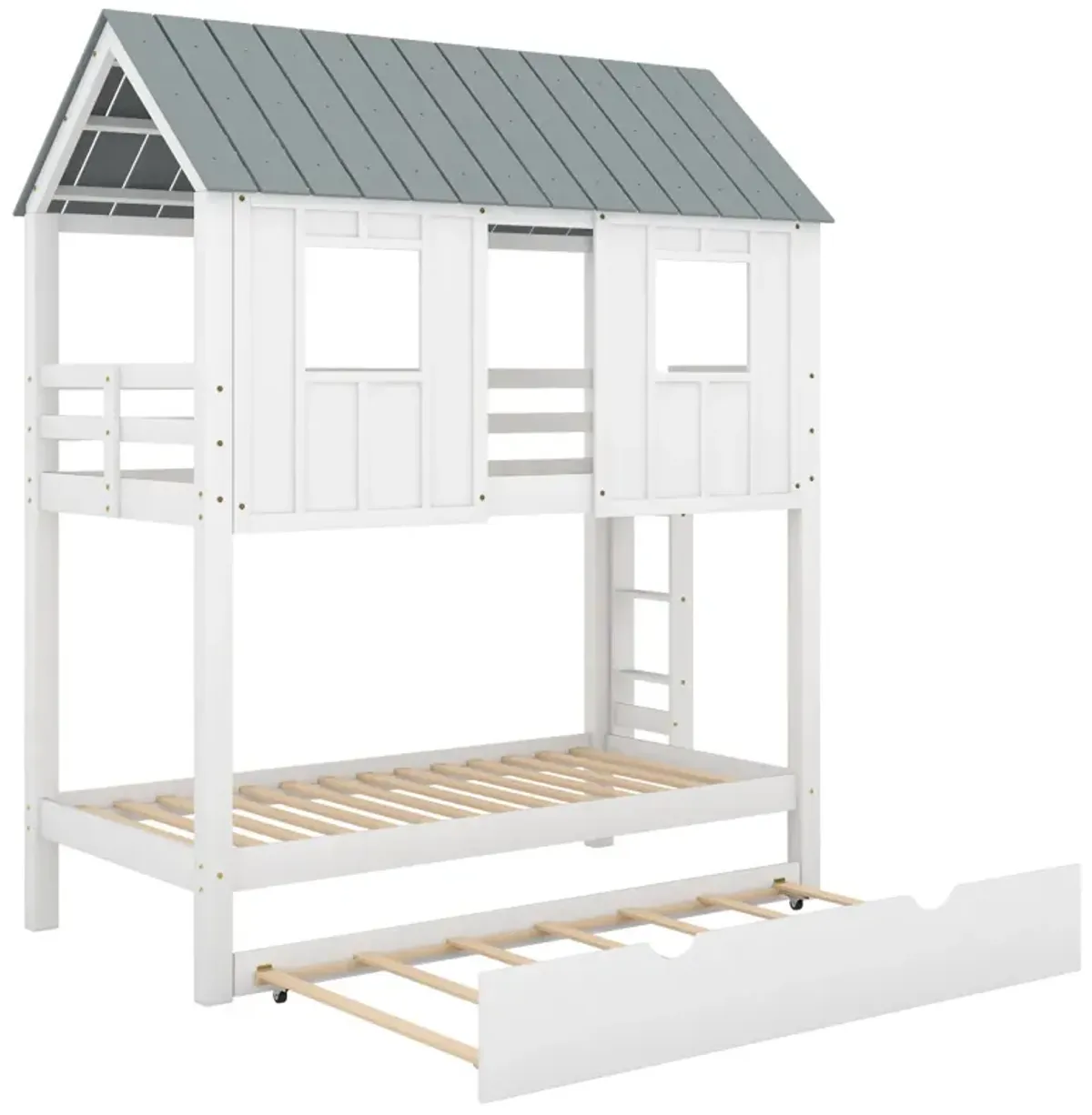 House Bunk Bed With Trundle, Roof And Windows Twin