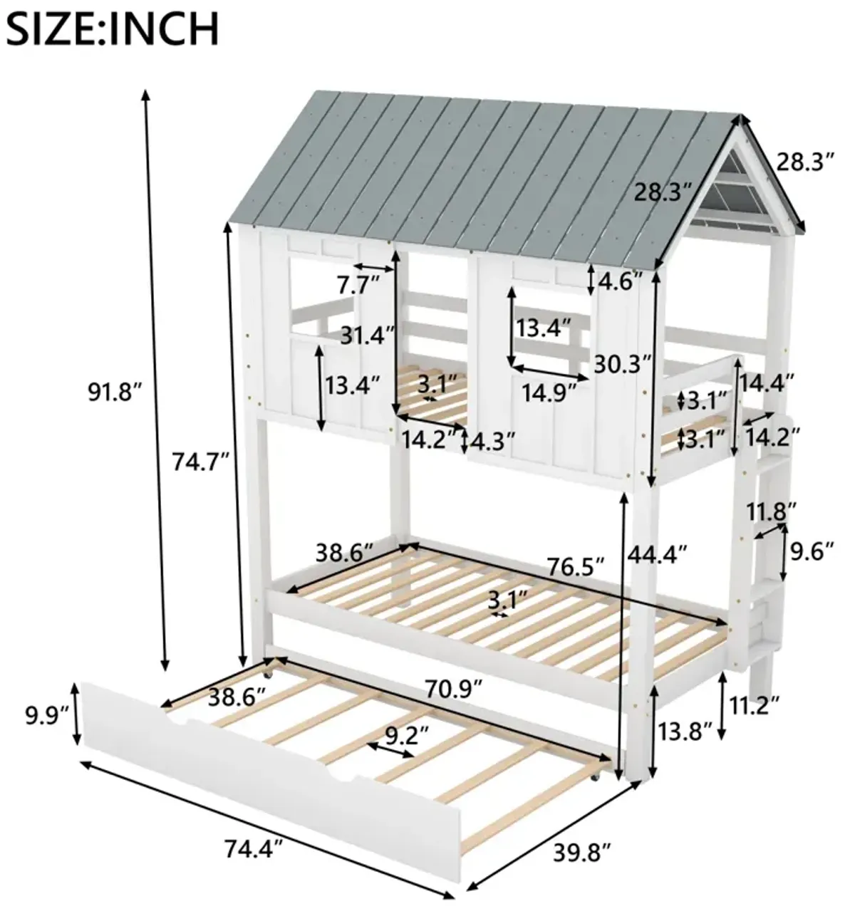 House Bunk Bed With Trundle, Roof And Windows Twin