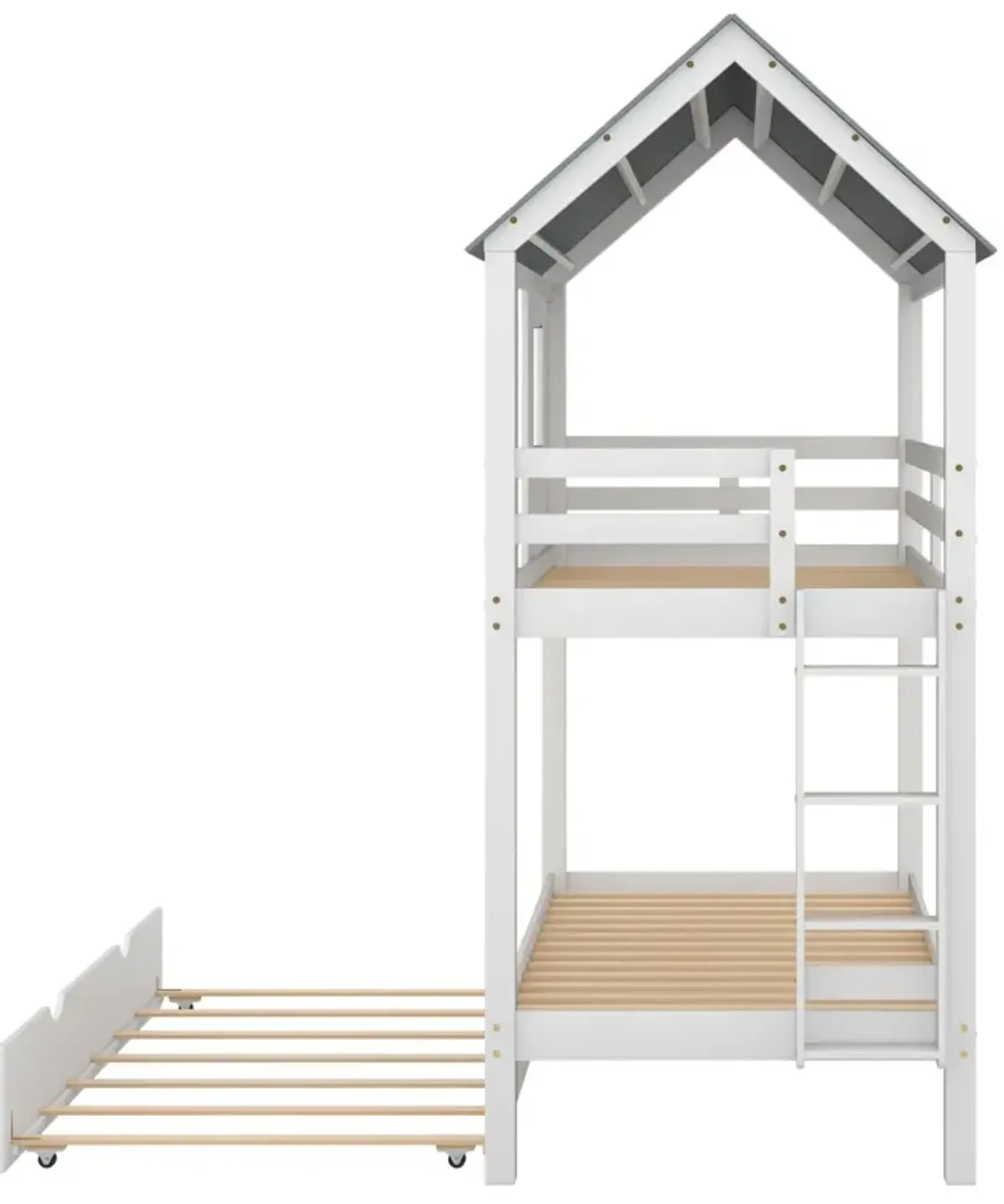 House Bunk Bed With Trundle, Roof And Windows Twin