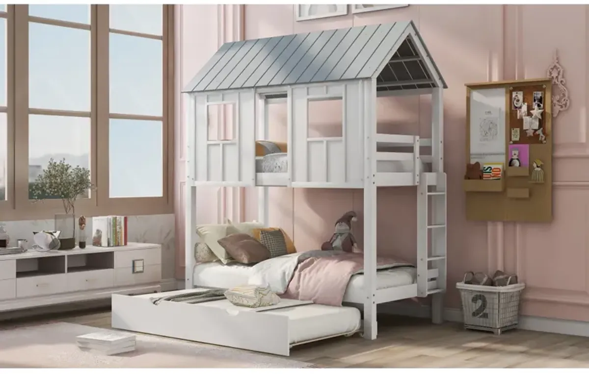 House Bunk Bed With Trundle, Roof And Windows Twin