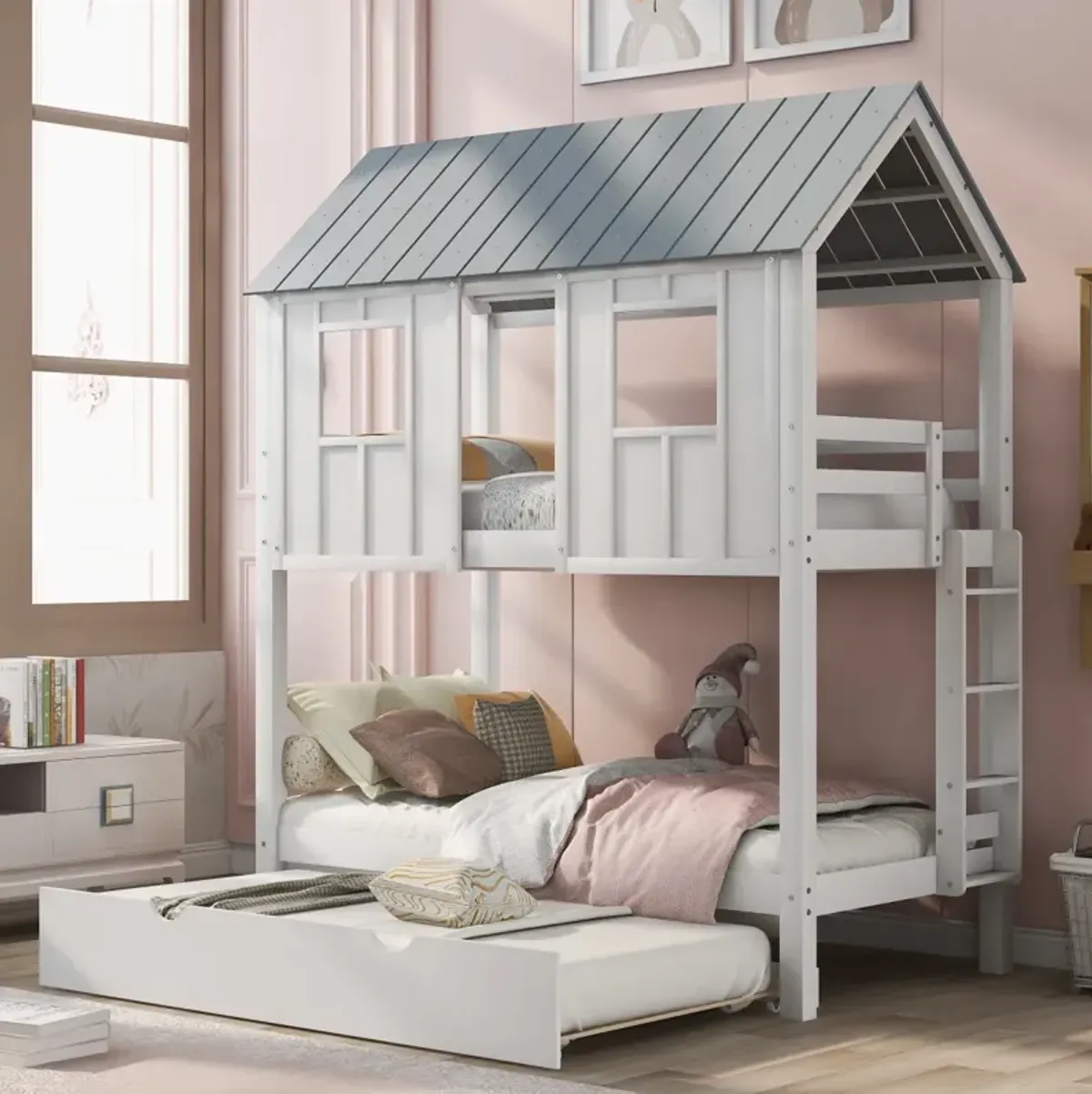 House Bunk Bed With Trundle, Roof And Windows Twin