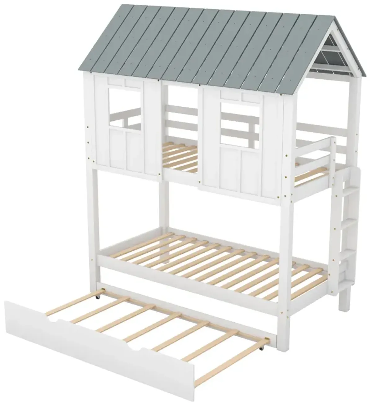 House Bunk Bed With Trundle, Roof And Windows Twin