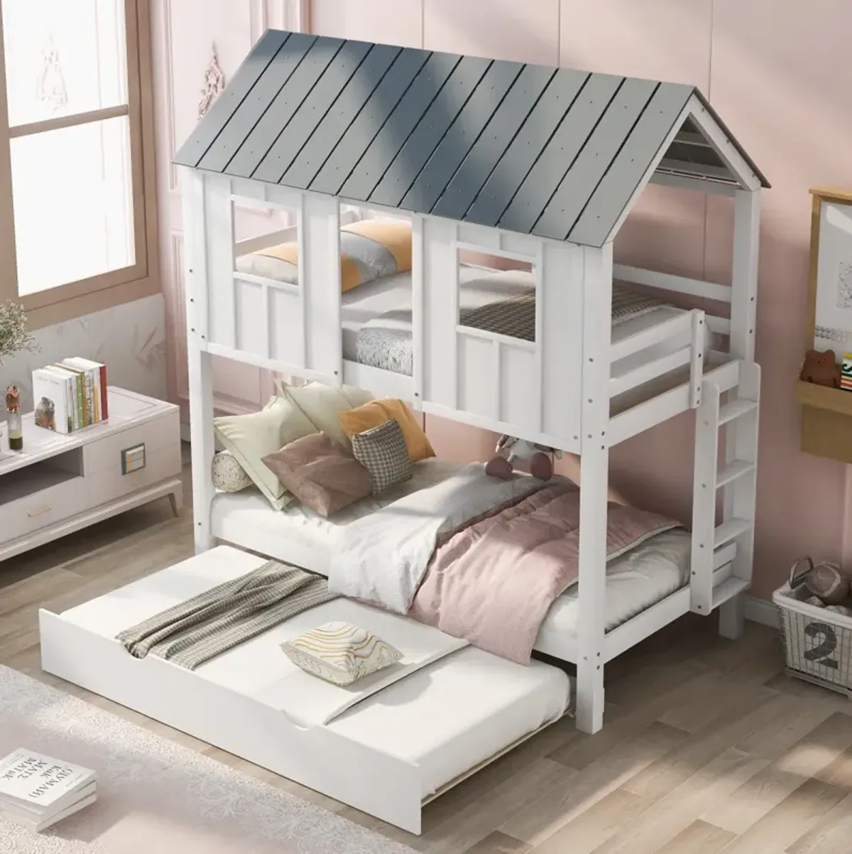 House Bunk Bed With Trundle, Roof And Windows Twin