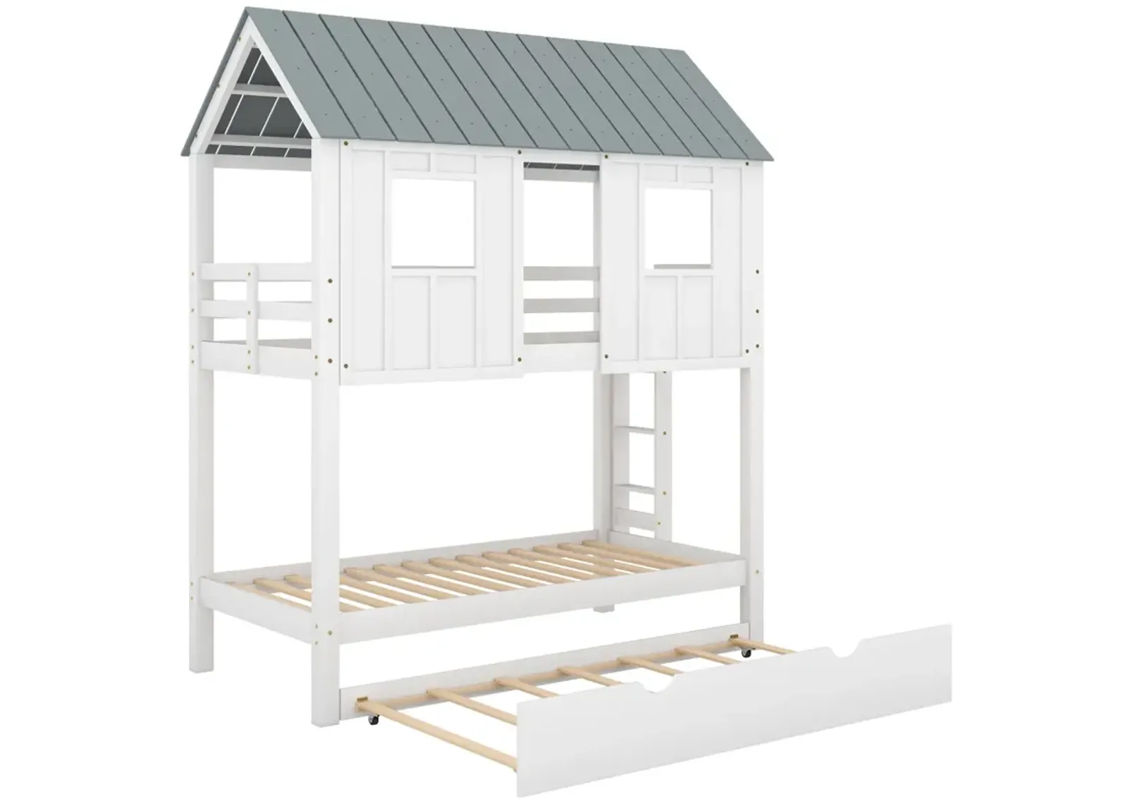 House Bunk Bed With Trundle, Roof And Windows Twin