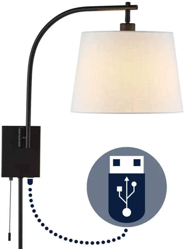 Gosling Mid-Century Modern Plug-In or Hardwired Iron LED Gooseneck Swing Arm Wall Sconce with Pull-Chain and USB Charging Port