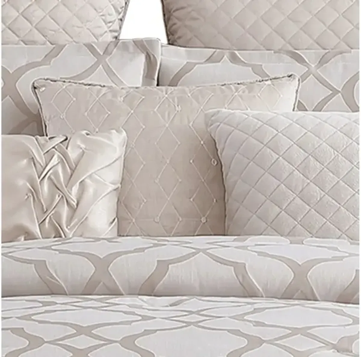 9 Piece Queen Size Fabric Comforter Set with Quatrefoil Prints, White - Benzara