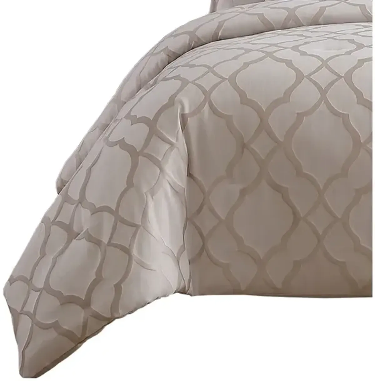 9 Piece Queen Size Fabric Comforter Set with Quatrefoil Prints, White - Benzara