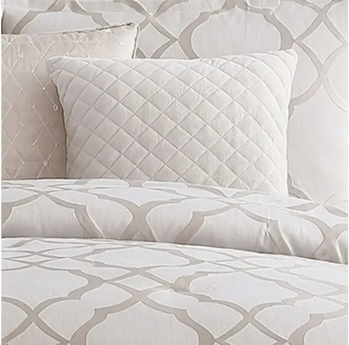 9 Piece Queen Size Fabric Comforter Set with Quatrefoil Prints, White - Benzara