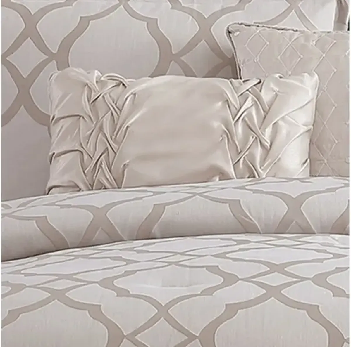 9 Piece Queen Size Fabric Comforter Set with Quatrefoil Prints, White - Benzara