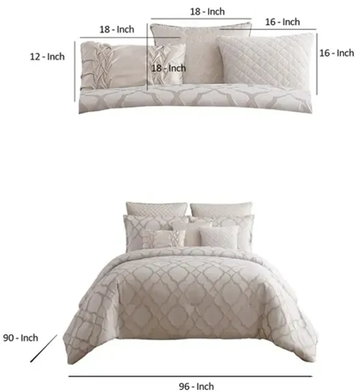 9 Piece Queen Size Fabric Comforter Set with Quatrefoil Prints, White - Benzara