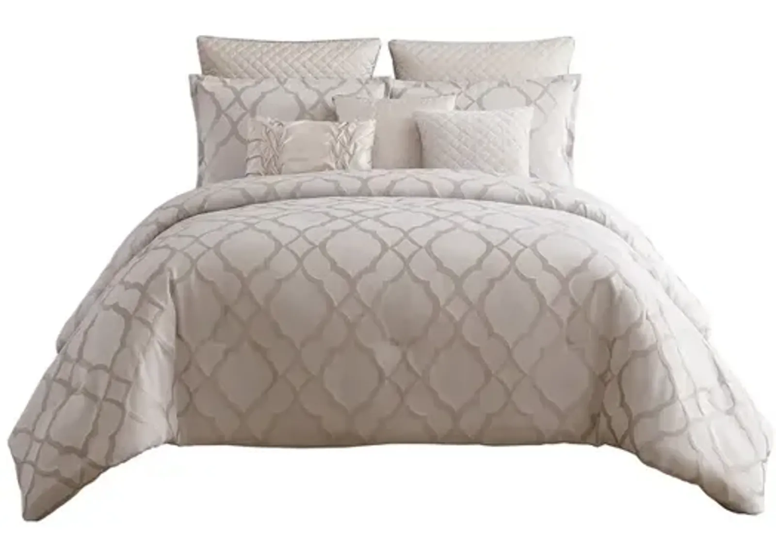 9 Piece Queen Size Fabric Comforter Set with Quatrefoil Prints, White - Benzara