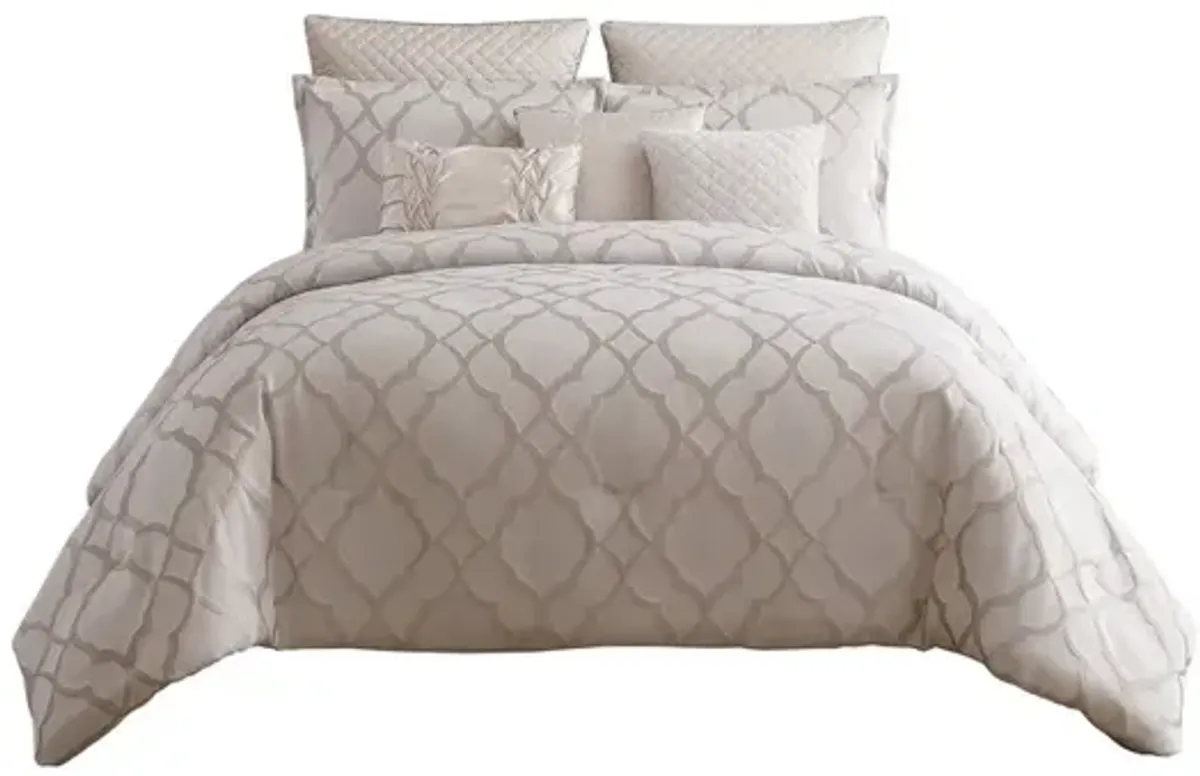 9 Piece Queen Size Fabric Comforter Set with Quatrefoil Prints, White - Benzara