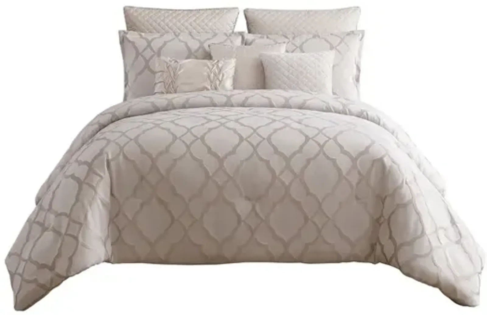 9pc Queen Size Comforter Set with Quatrefoil Prints, White Polyester - Benzara