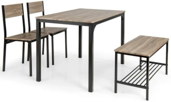 4 Pieces Rustic Dining Table Set with 2 Chairs and Bench
