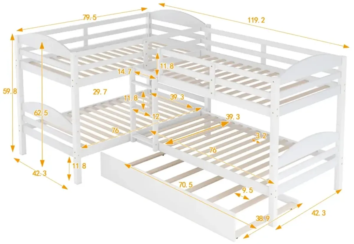 Twin L-Shaped Bunk Bed With Trundle