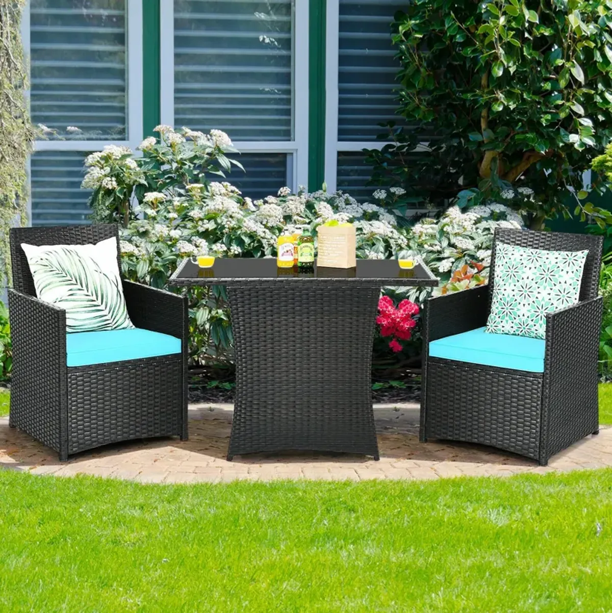 3 Pieces Patio Rattan Furniture Set with Cushion and Sofa Armrest