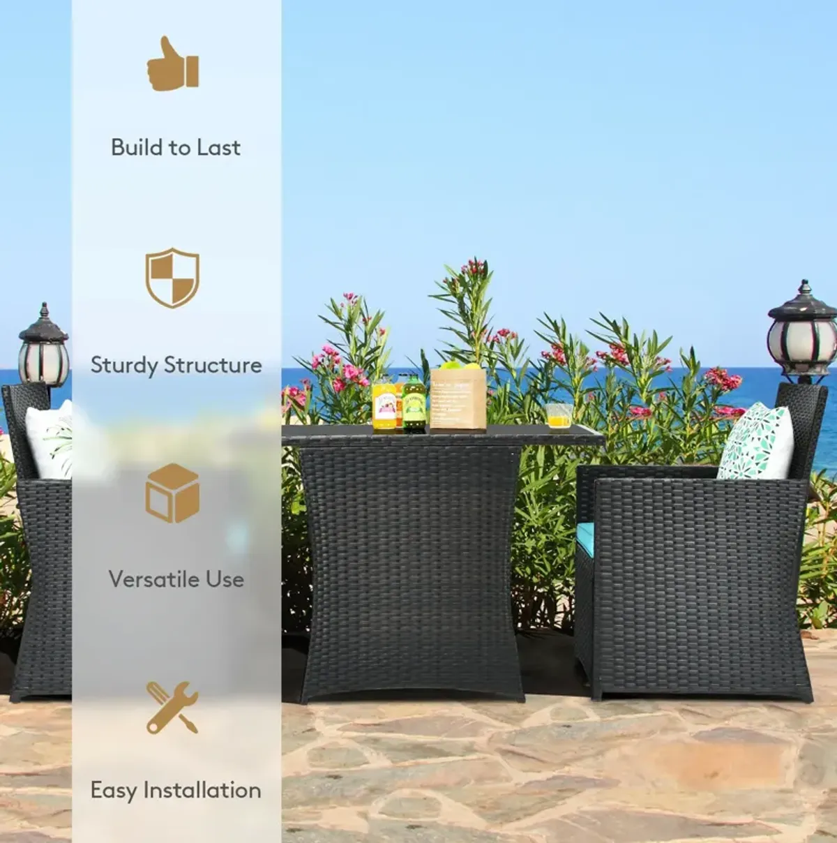 3 Pieces Patio Rattan Furniture Set with Cushion and Sofa Armrest