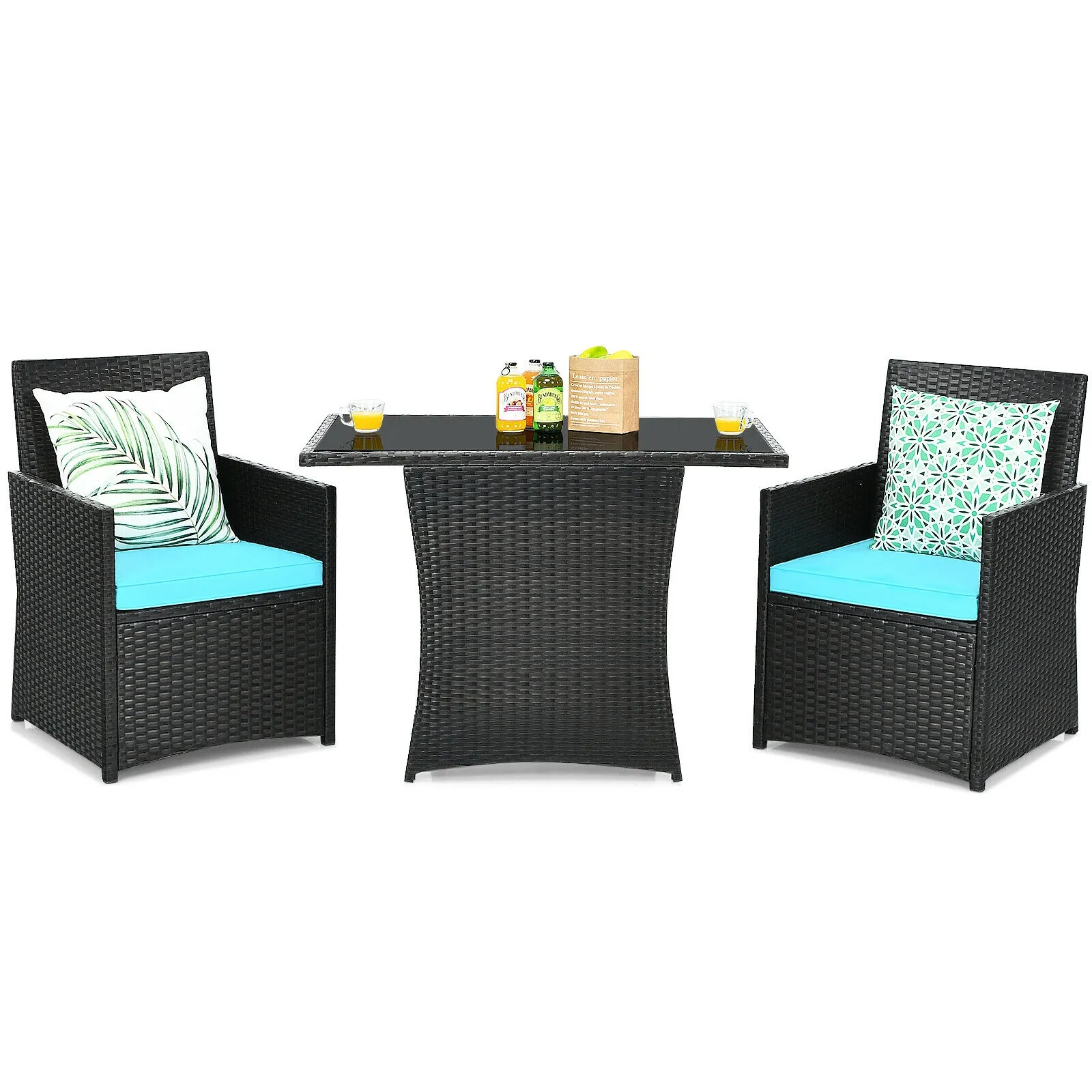 3 Pieces Patio Rattan Furniture Set with Cushion and Sofa Armrest