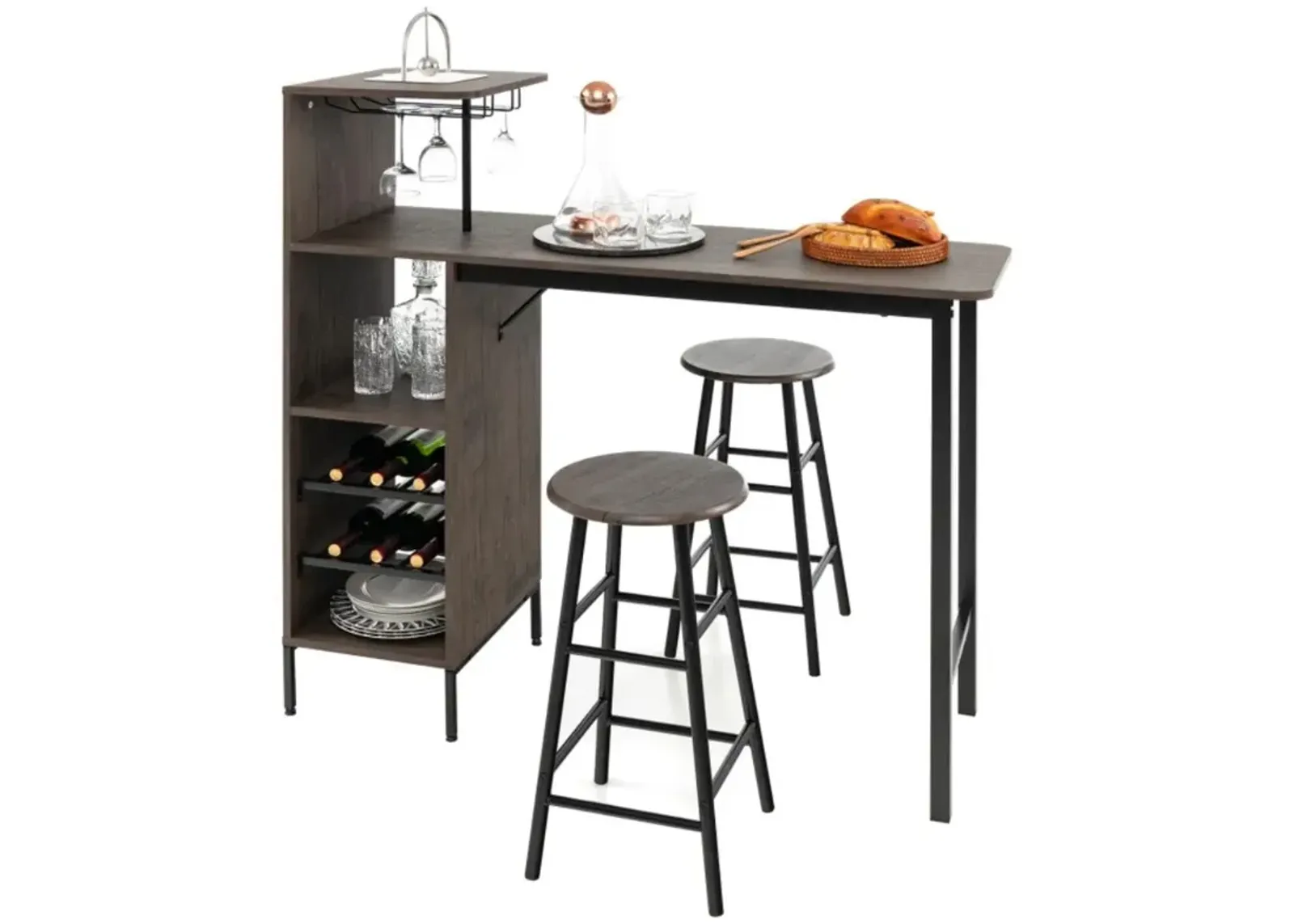 Hivvago 3 Piece Bar Table and Chairs Set with 6-Bottle Wine Rack