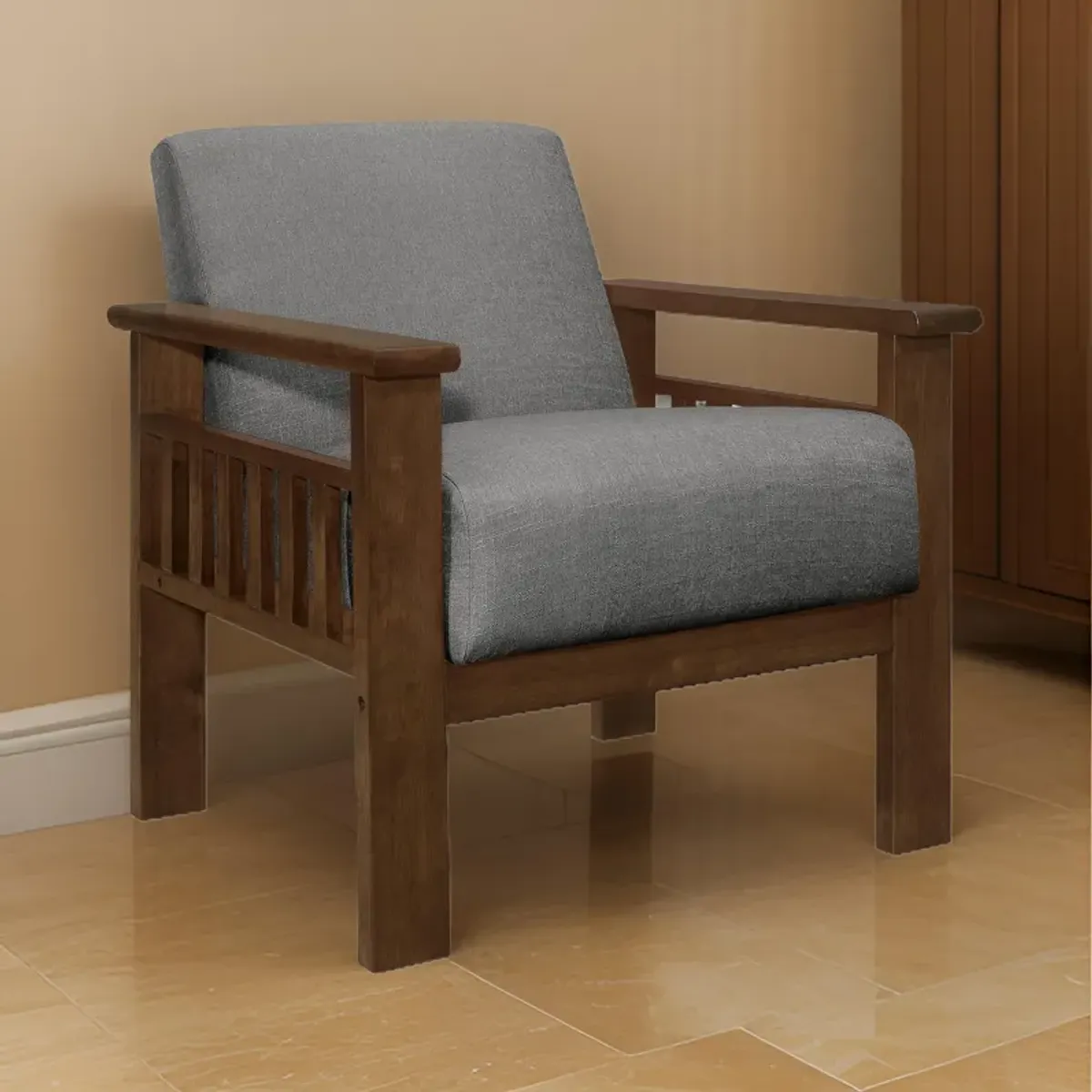 Bella 32 Inch Accent Chair Armchair, Storage Arms, Light Gray, Solid Wood - Benzara