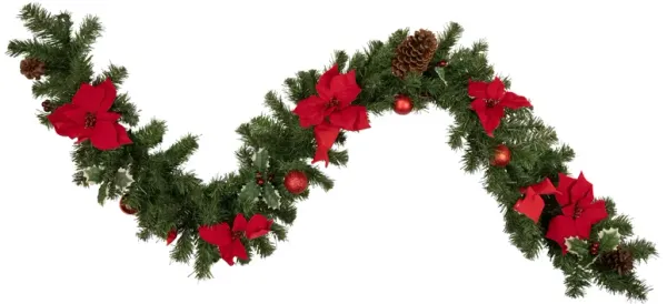 6' x 9" Red Pre-Decorated Poinsettia and Pine Cone Artificial Christmas Garland - Unlit