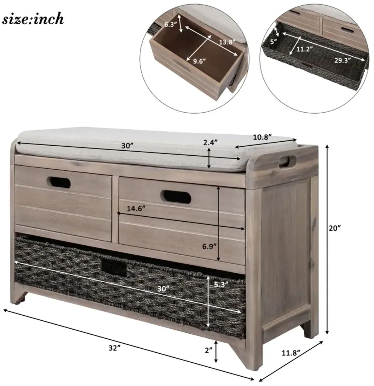 Storage Bench With Removable Basket And 2 Drawers, Fully Assembled Shoe Bench