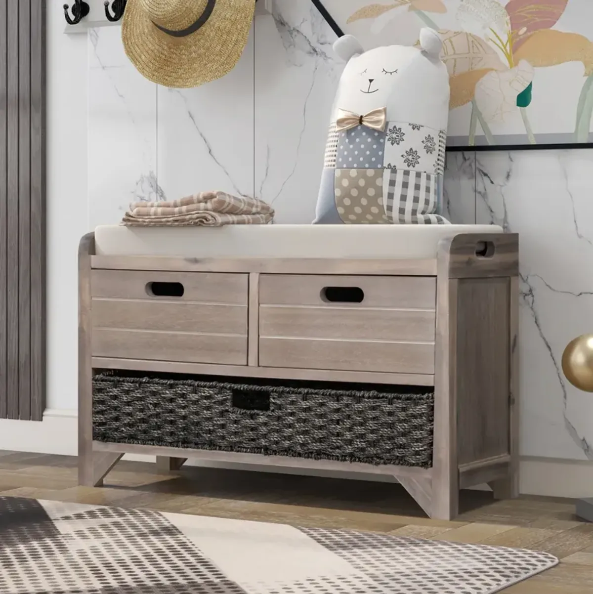 Storage Bench With Removable Basket And 2 Drawers, Fully Assembled Shoe Bench