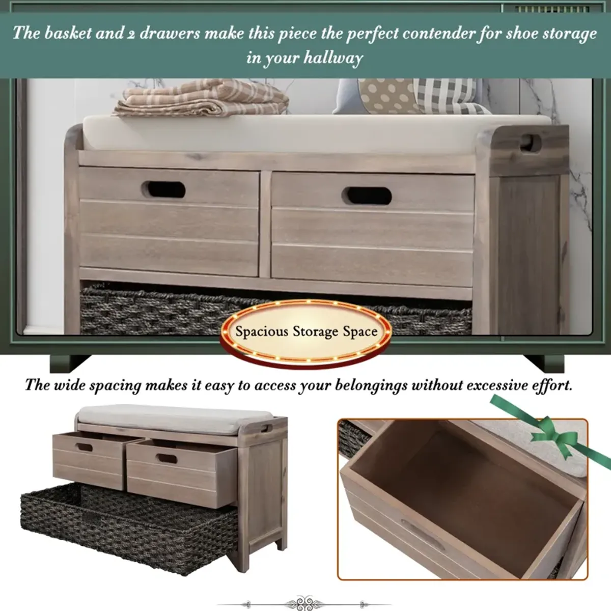 Storage Bench With Removable Basket And 2 Drawers, Fully Assembled Shoe Bench