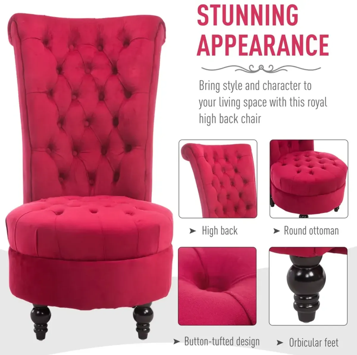 Crimson Throne: Retro High-Back Accent Chair with Button-Tufted Royal Design