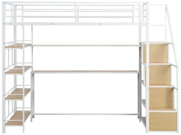 Loft bed with Staircase, Built-in Desk and Storage Shelves